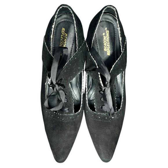 Y2K Black Leather Kitten Heels Sz 9W Pointed Toe Lace-Up Scalloped Edges Witchy - Picture 4 of 8